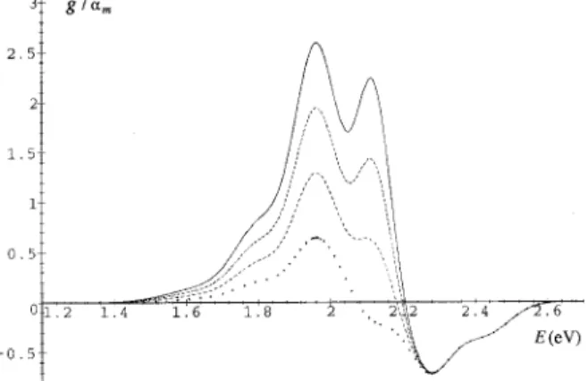 FIG. 5. Optical gain coefficients g( ␯) of Pd0PV film at 300 K with exciton densities n ex equal to 0.004 共solid line兲, 0.002, 0.001 共dashed line兲 and 10 ⫺5 共crossed line兲, normalized so that the peak absorption rate ␣ m is equal to 1.