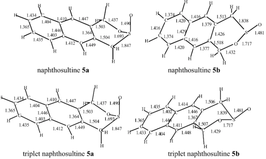 Fig. 7. Optimized geometries (in ˚ A) for equatorial and axial geometric isomers of singlet and triplet naphthosultine at B3LYP/6-311++G**.