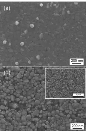 Fig. 3. SEM images of ZnO films doped with phosphorus at fluences of (a) 5  10 12 and (b) 5  10 15 ions/cm 2