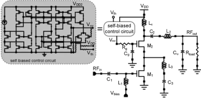 Figure 2. The polar modulated class-E amplifier and  the detailed of self-biased control circuit