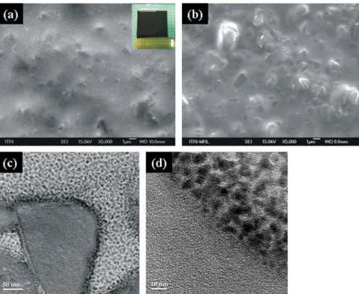 Fig. 2 e SEM image of 15 wt% AC-PEG/Nafion (a) (inlet is the optical microscopy) and 15 wt% untreatment AC/Nafion composite membrane and (c), (d) TEM images of 15 wt% AC-PEG/Nafion.