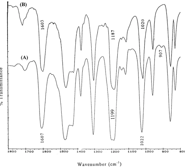 Figure 5. Infrared spectra of the mixtures. ( A ) Dry-blended PPE / TGDDM Å 100 / 1 mixture, and ( B ) melt-blended PPE / TGDDM Å 100 / 1 mixture.