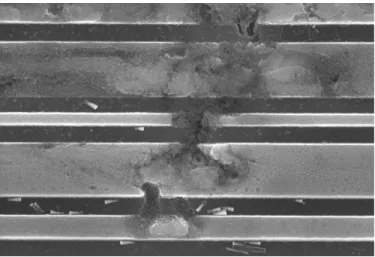 Fig. 16. Failure after 250 V MM ESD stress, which is located at the SCR device. The failure location on SCR is the same for all the tested circuits.