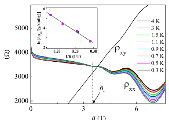 Figure 3. ln (ρx x /(χ/sinhχ)) as a function of 1/B at