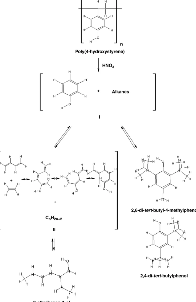 Fig. 4. The mechanism of microwave-assisted digestive degradation of poly(4-hydroxystyrene) in the presence of nitric acid.