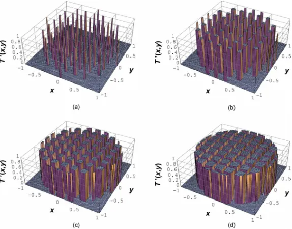 Fig. 4 Binary amplitude transmittance T ⬘ 共x,y兲 with T共x,y兲=1 on the normalized pupil in the condition