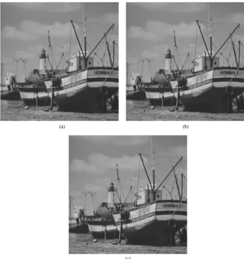 Fig. 7 The reconstructed Boat image of 共a兲 low, 共b兲 low+middle, and 共c兲 low+middle+high frequen-