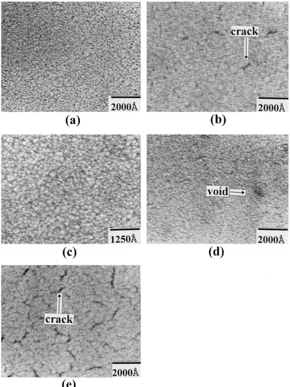 Fig. 4. SEM micrographs showing surface morphology of the as-deposited Ta and Ta–N films: a sample A, b sample B, c sample C, d sample D,