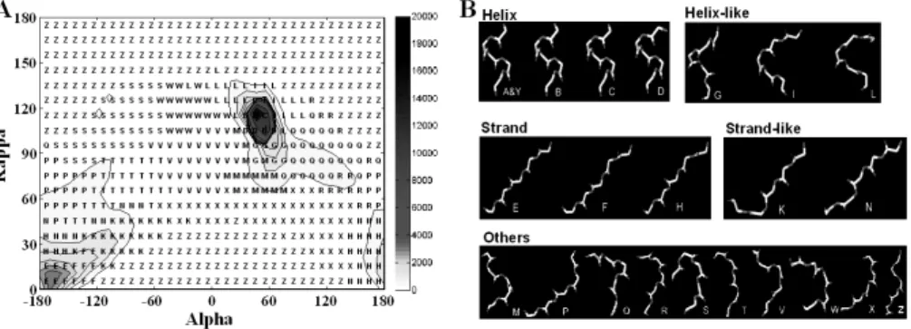 Figure 2. Evaluation of the structural alphabet. (A) The accumulated (k, a) matrix of 225 523 segments derived from the pair database