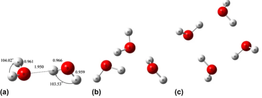 Figure 2. Equilibrium geometry of (H 2 O) 2 , (H 2 O) 3 and (H 2 O) 4 .