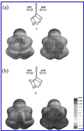 Figure 2. Lowest unoccupied molecular orbital (LUMO) mapped onto the isosurface with an electron density of 0.002 au for 1 (upper-half, (a)) and 2 (lower-half, (b)), respectively