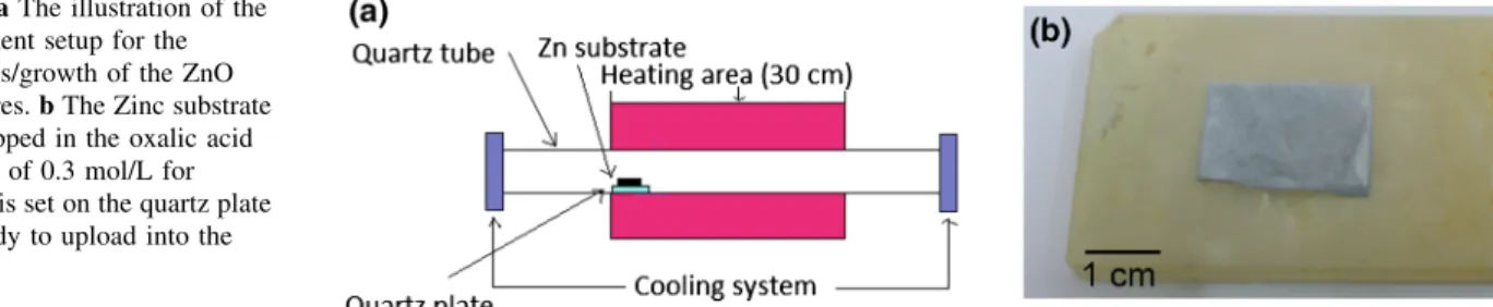 Figure 1 a illustrates the synthesis/growth experiment of ZnO nanowires. A metallic zinc sheet (purity 99.9 %) with a thickness of 0.5 mm and area of 3 cm 2 as the seed layer for growing the ZnO nanowires is cleaned in an ultrasonic bath with deionized wat