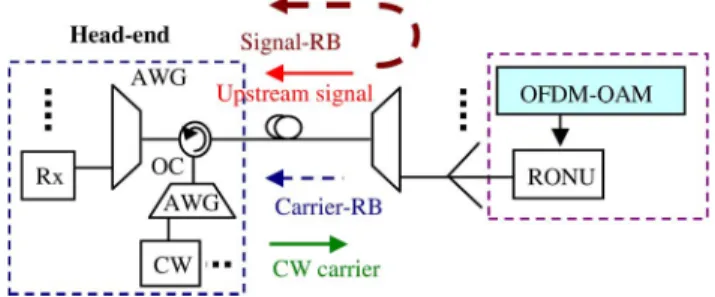 Fig. 1. Schematic of DWDM-PON. AWG: arrayed waveguide grating; OC: op- op-tical circulator; Carrier-RB and signal-RB: carrier and signal generated RB