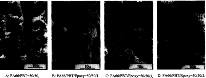 Figure 3  shows the SEM micrographs of the uncompati-  bilized  and compatibilized PA66/PBT =  30/70  blends