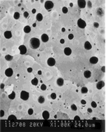 Figure 11 SEM micrographs of the etched surfaces of the PP/PBT/PP–MA/epoxy ⫽ 70/30/0/0 and 70/30/0/0.3 blends.