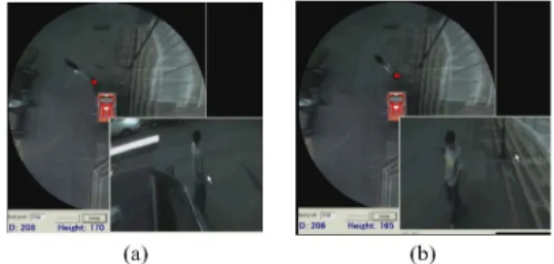 Fig. 19. Examples of passing-by person detection. (a)–(d) Detection results shown as top-view images with red points used to mark a detected person’s feet.