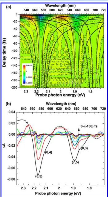 Figure 2b depicts the di ﬀerential absorption (ΔA) lines obtained by intersecting the 2D plot of ΔA in Figure 2a at delay times from 0 to −100 fs with a 10-fs step