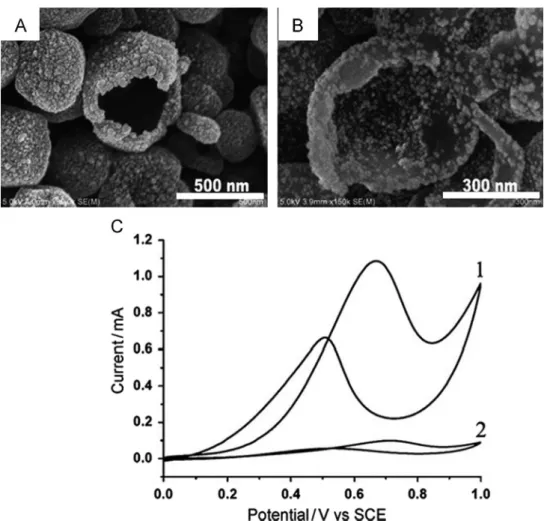 Figure 13 SEM images of Pt-deposited C 60 hollow nanobowls (A) outside Pt deposition and (B) inside Pt deposition