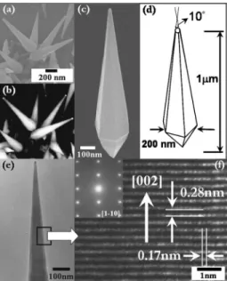 FIG. 1. 共a兲 SEM image and 共b兲 backscattered SEM image of InN nanotips; 共c兲 low magnification SEM image and 共d兲 schematic diagram of a single InN nanotip; 共e兲 low magnification TEM image of a single nanotip and 共f兲  HR-TEM of the InN nanotip area marked in 