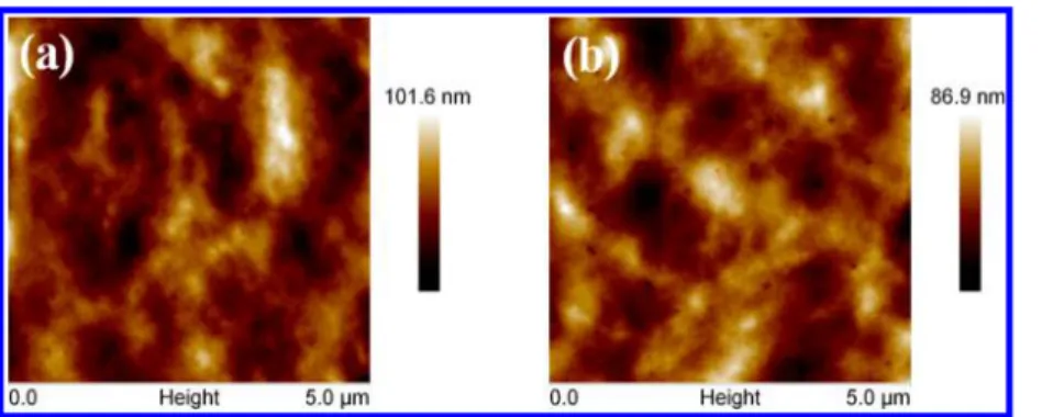 Figure 10. AFM height images of (a) P3HT:R-APM-CBA and (b) P3HT:S-APM-CBA (1:1 in wt %) blend ﬁlms.