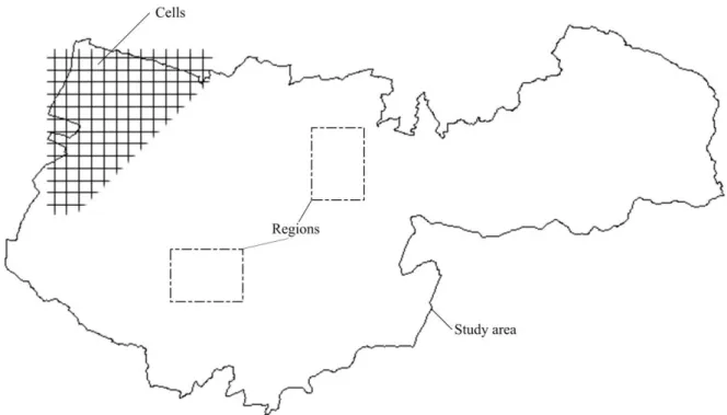 Fig. 1. The relationship between cells, regions, and the study area.
