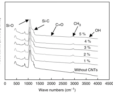 Figure 5 displays the results of the FTIR analysis. The FTIR spectroscopic analysis is a typical method for characterizing functional groups of CNTs/porous SiO 2 composite