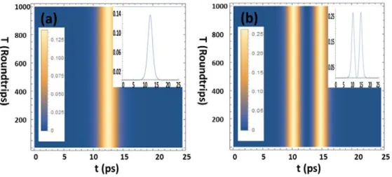 Figure 4. Numerical simulation results for (a) single-soliton case at  
