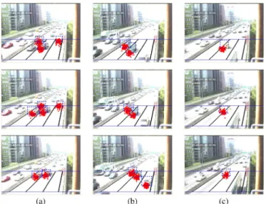 Fig. 10. RDHOGPF tracking results for the lane changing events in traffic video 2. (a) White van changed from the left lane to the middle lane