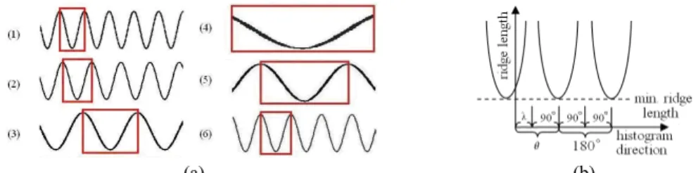 Fig. 6. (a) The histograms of the six directions shown in Fig. 5 (b); (b) Relationship between ridge  length and histogram direction