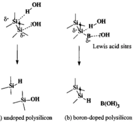 Fig. 3. Proposed hydrolysis reactions during polishing in the alkaline aqueous solution for: (a) undoped poly-Si and (b) boron-doped poly-Si.