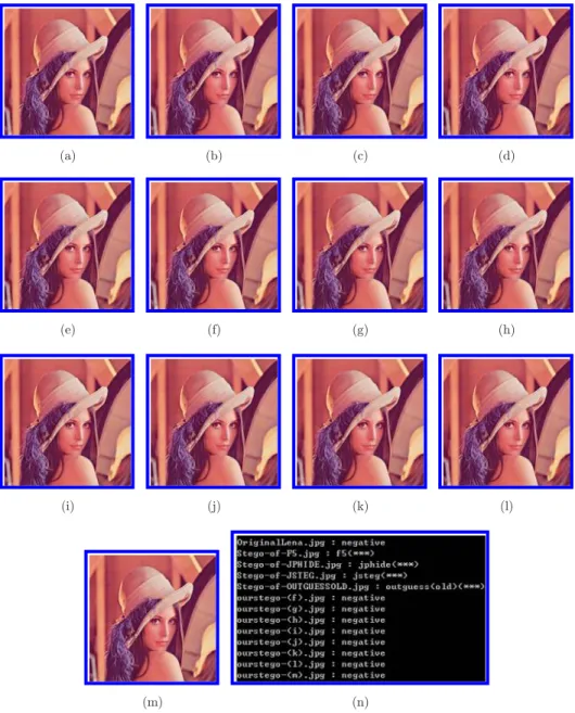Fig. 7. Results of Stegdetect analysis: (a) the image decompressed from the JPEG-Q85 code without any hidden secret; (b)(e) the stego-images decompressed from the JPEG stego-codes for F5, 25 JPHide, 13 Jsteg, 22 OutGuess, 17 respectively