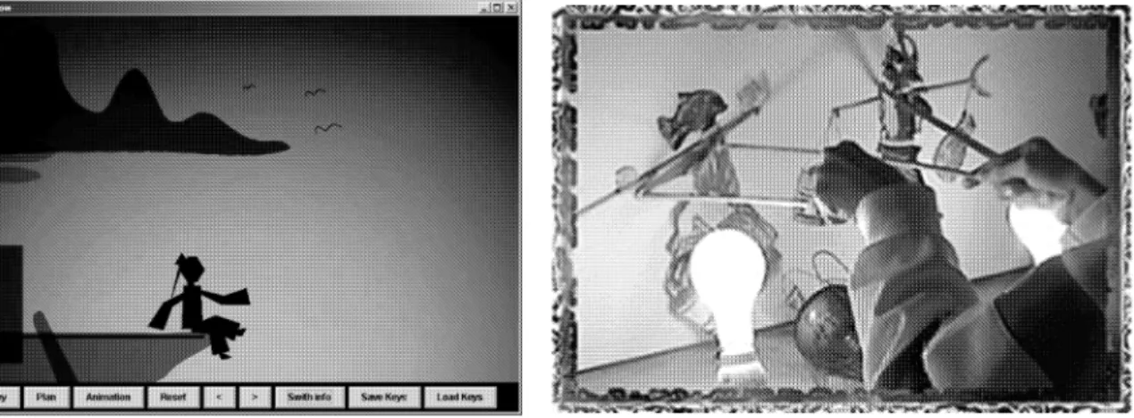 Figure 1. Chinese shadow play: (a) computer-generated image, (b) pic- pic-ture of puppets manipulating 1