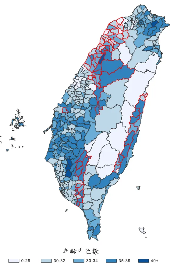 圖 8：2001 年臺灣地區各鄉鎮市區全體人口年齡中位數分布 