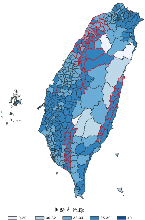 圖 9：2013 年臺灣地區各鄉鎮市區全體人口年齡中位數分布 
