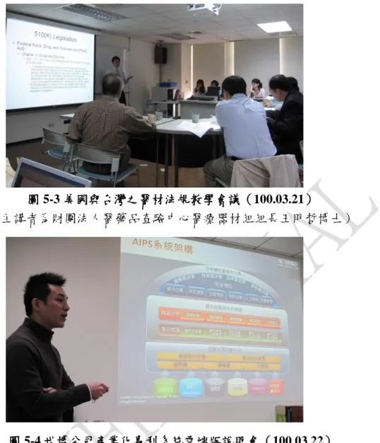 圖 5-3 美國與台灣之醫材法規教學會議（100.03.21）  （主講者為財團法人醫藥品查驗中心醫療器材組組長王明哲博士）  圖 5-4 世博公司產業化專利系統雲端版說明會（100.03.22）  （主講者為世博顧問公司資深顧問陳紹馨先生）  (2)  外部教育訓練  為擴大教育對象提昇培訓成效，超出原計劃書預定成效，共已 舉辦 8 場教育訓練課程，包括 3 場國際型研討會、2 場工作坊、1 場培訓課程、1 場實務講座與 1 場交流座談會，與會者皆以曾參與 本計畫之科研單位、國科會、科顧組、專案辦公室、政