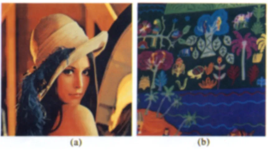 Fig.  9. The  32-color  dithered  images generated  by using  the  RWM-cut  algorithm  on  the  15 bit  version  of  (a)  Lena  and  (b)  Painting