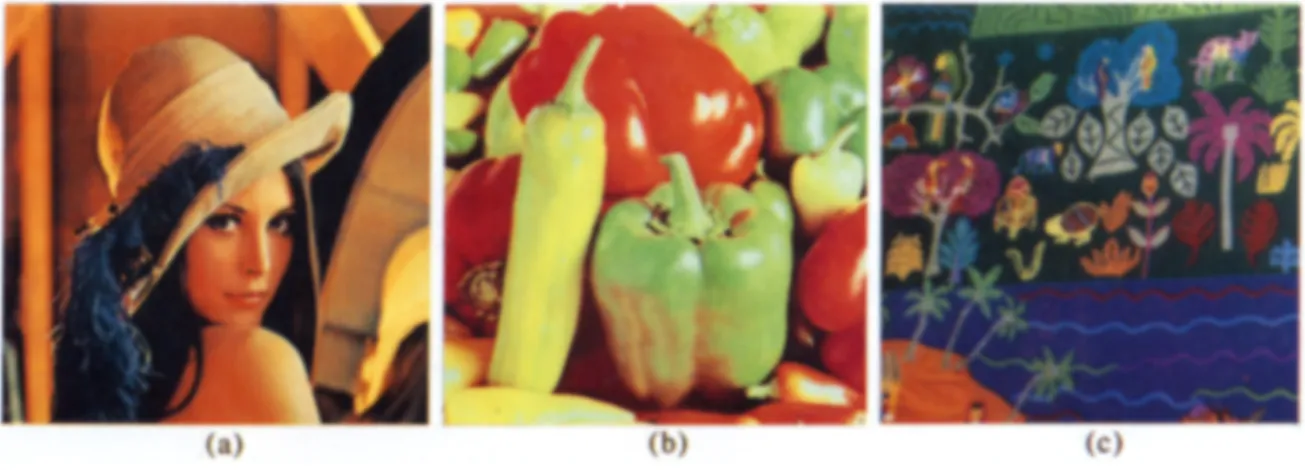 Fig.  4. The  three  full-color  (24  bit)  input  images.  (a)  Lena,  (b)  Peppers,  and  (c)  Painting