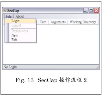 Fig. 13  SecCap 操作流程 2  此時若未正確插入「自然人憑証」智慧卡，將出現錯誤訊息，並且登入失 敗，如Fig. 14。  Fig. 14  SecCap 操作流程 3  因此我們必需將「自然人憑証」正確插入智慧卡讀卡機當中，如Fig