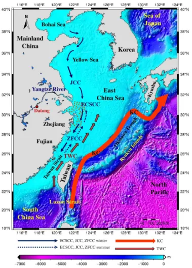 Figure 1. Regional ocean circulation pattern and ETOPO1  (1 arc-minute global relief model of  Earth’s surface)  bathymetry around the East China Sea (ECS)