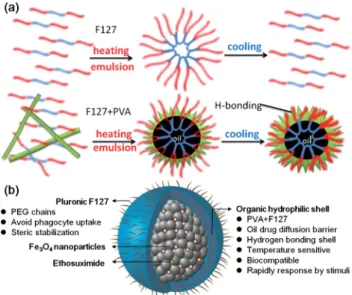 Fig. 1 Schematic representation of (a) using PVA to stabilize the F127 to form a stable nanocarrier and (b) the structure of a thermosensitive nanocarrier (TSNC) composed of PVA and F127 with iron oxide nanoparticles and drug encapsulated.