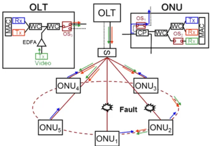 Fig. 2. Proposed self-protected access network with an occurrence of ﬁber-fault between OLT and RN.