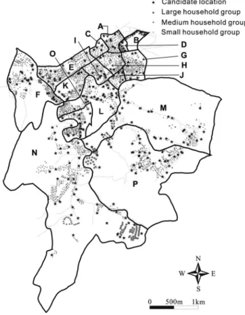 Fig. 1. Study area, household groups, and candidate locations