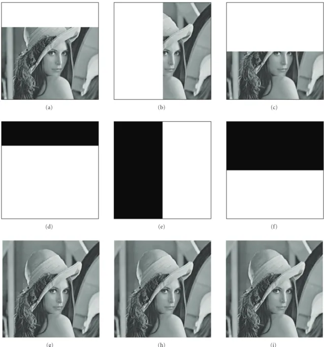 Figure 6: The cropping attack experiments: (a) 25% of the watermarked image Lena (W) is cropped; (b) a vertical cropping of 50%; (c)