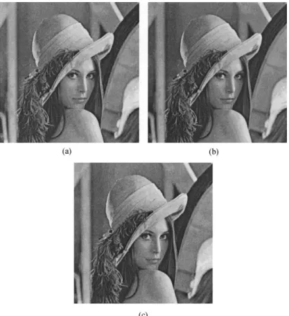 Fig. 2. Three resulting images with m = 16: (a)–(c) denote the resulting images by embedding Fig