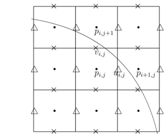 Fig. 3. A diagram of the interface cutting through a staggered grid with a uniform mesh width h in X