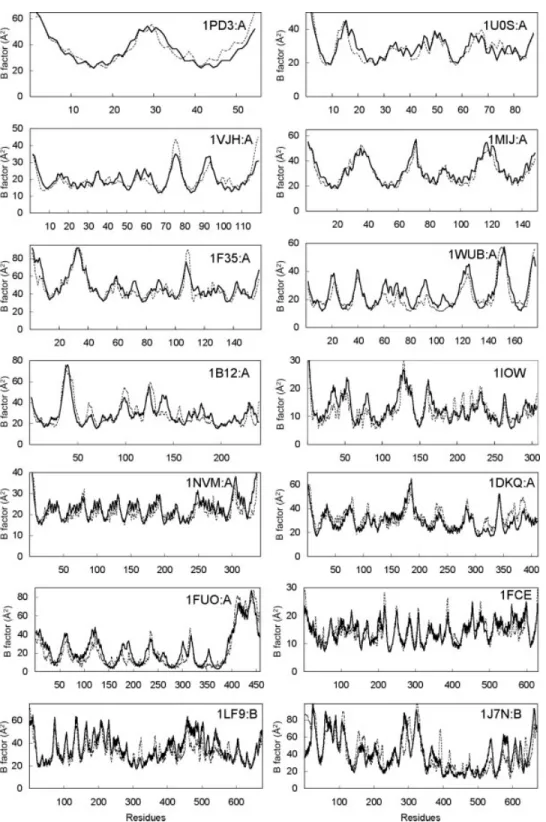 Fig. 1. The computed (bold line) and the crystallographic (dotted) temperature factors (or B factors) of Ca atoms of 1PD3:A, an influenza A NEP M1-binding domain with a ROP-like all-a fold; 1U0S:A, a  chemo-taxis kinase CheA P2 domain with a ferrodoxin-lik