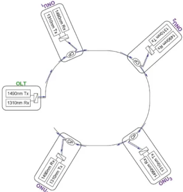 Figure 2 shows the proposed self-restored ring-based architecture in TDM-PON with four ONUs