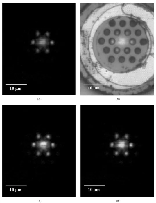 Figure 7. Near-field images of the InGaAs SML QD PhC-VCSEL at (a) 8 mA, (b) 10 mA, (c) 16 mA and (d) 20 mA.