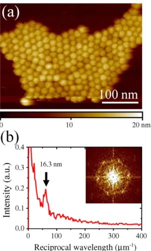 Figure 1. (a) STM image of a typical PbSe QD array on a flat Au(111) surface. (b) Radially averaged intensity of the