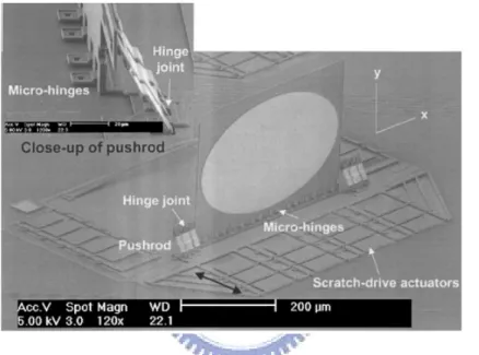 Figure 1-10 SEM of a free-rotating hinged micromirror lifted by an array of SDA [9]. 